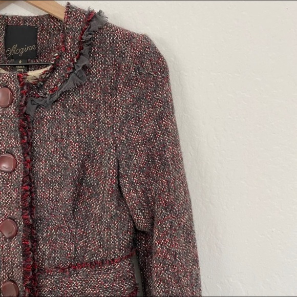 McGinn Women’s 2 Burgundy Gray Tweed Long Button Down Peacoat Fringe Pockets - Picture 4 of 7